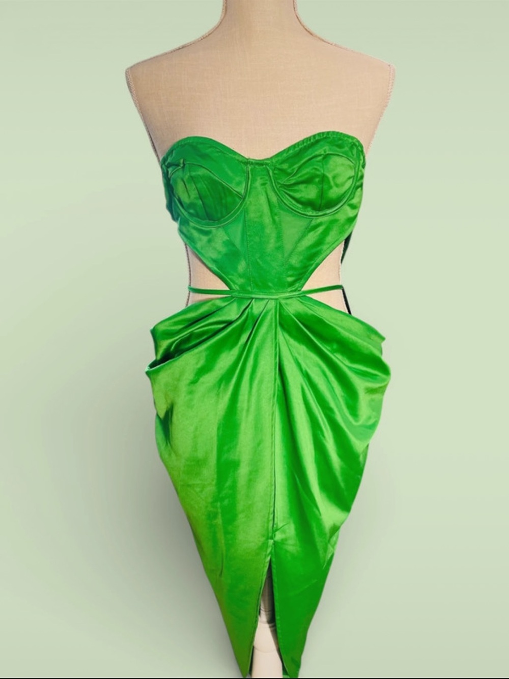 WAIST 24” PrettyLittleThing Strapless Bright Green Satin Cutout Dress